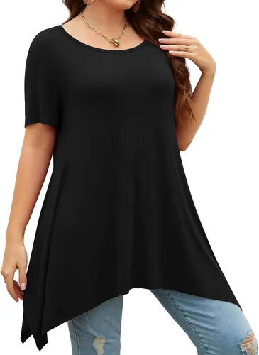 Vista 2 de POPYOUNG 2024 Womens Summer Short Sleeve Tunic Tops Casual Swing Blouse Shirt