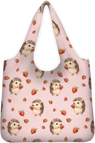 Vista 23 de Belidome Bolsa de comestibles con diseño de donas de ajolotl para compras, lavable, reutilizable, con bolsillo para asa