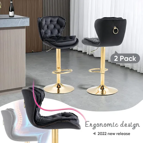 Vista 7 de SLEERWAY Juego de 2 taburetes de bar giratorios modernos para mostrador de cocina, sillas de bar de terciopelo, taburetes de bar dorados, taburetes