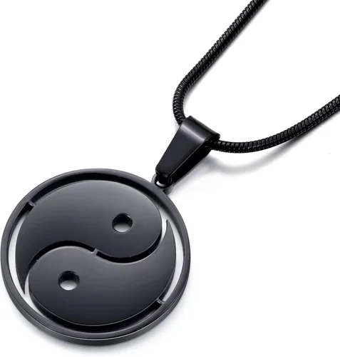 Vista 4 de MOO&LEE Yin Yang - Collar con colgante para hombres y mujeres, cadena de serpiente de acero inoxidable de 22 pulgadas, collar BFF para 2, Acero