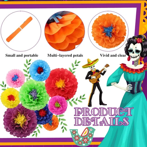 Vista 4 de Geyee 27 piezas de flores de papel mexicanas coloridas para fiestas, carnaval mexicano para telón de fondo de fiesta floral, cumpleaños, boda