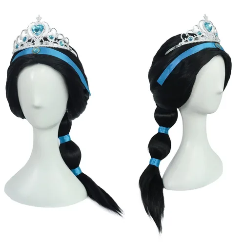 Vista 3 de Peluca larga de coleta negra para cosplay con flequillo (+ corona de princesa) para niñas pequeñas, peluca de princesa trenzada con tiara