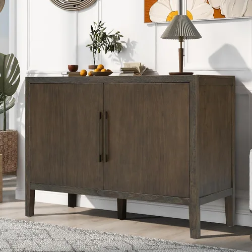 Vista 12 de Merax Aparador de buffet de madera rústica moderna con estante de almacenamiento, 2 puertas, cafetería, bar, soporte de TV para dormitorio, sala