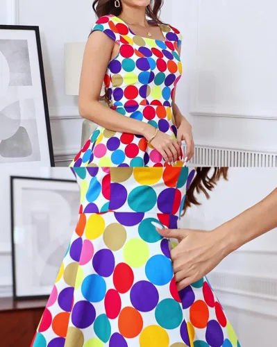 Vista 3 de PUKAVT - Vestido de cóctel para mujer, diseño con manga casquillo, vestido de fiesta de estilo retro acampanado de los años 1950, con bolsillos