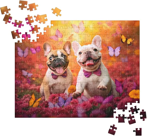 Vista 3 de Superb Home Adorable rompecabezas de 2 perros Bulldog Francés Persecución Mariposas 252 piezas Rompecabezas de mejores amigos, hermanos, parejas