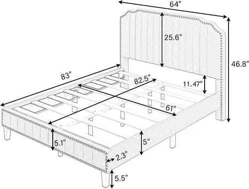 Vista 2 de Base de cama tapizada Queen con cabecero, base de colchón con soporte de listones de madera, cama de plataforma moderna, no necesita somier, fácil