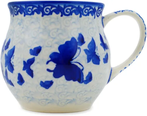 Vista 26 de Auténtica taza de burbujas de cerámica polaca de 13 onzas en diseño amarillo hecho a mano en Bolesławiec Polonia por Ceramika Bona + certificado