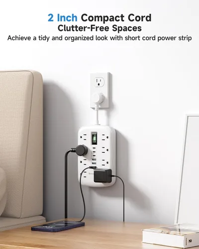 Vista 2 de Cable de extensión corto de 2 pulgadas, regleta pequeña extensor de toma plana protector contra sobretensiones con 8 salidas de CA, 6 USB