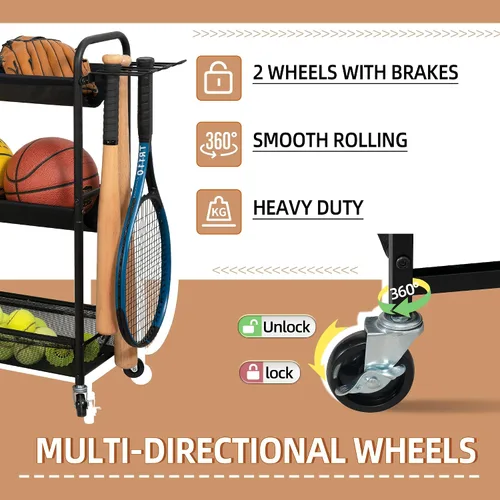 Vista 3 de STORAGE MANIAC - Soporte de entrenamiento de 3 estantes con ruedas Sports Ball Cart with Hooks, Rolling Ball Basket Storage for Garage or Gym