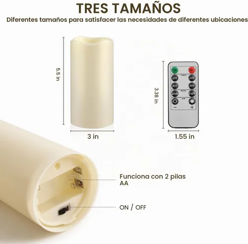 Vista 9 de Velas sin llama impermeables con control remoto 2PACK (D3''*H5.5'') Vela de pilar LED parpadeante que funciona con pilas, de plástico con Paquete