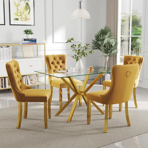 Vista 25 de Juego de comedor moderno de cristal de lujo de 5 piezas, juego de comedor rectangular minimalista para 4, juego de mesa de cocina de vidrio