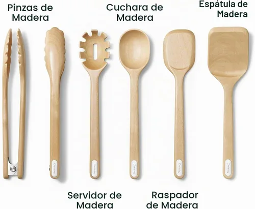 Vista 4 de Caraway Juego de cuchillos de cocina y juego de utensilios de madera Crema