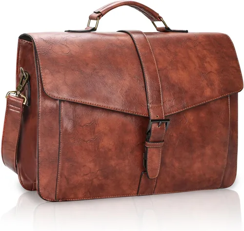 Vista 12 de ESTARER Portafolio de cuero para hombres de 15.6 pulgadas, bolsa para computadora portátil para oficina/negocios/viajes, bolsa de hombro grande