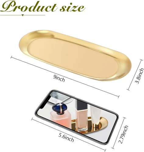 Vista 2 de Bandeja de acero inoxidable para toallas/platos, bandejas de almacenamiento de té/frutas, organizador de cosméticos y joyas, dorado, ovalado