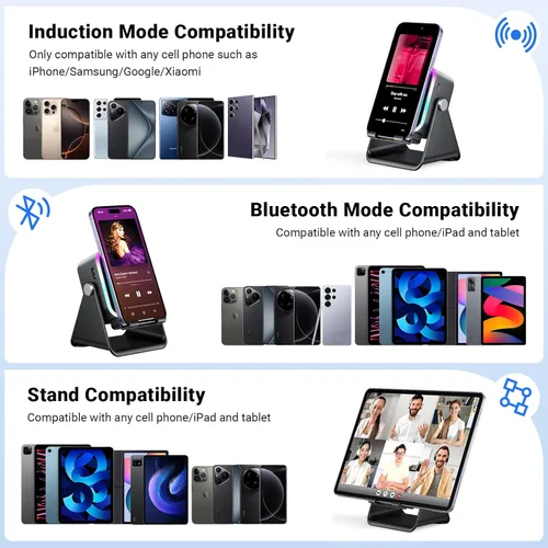 Vista 13 de Altavoz de inducción con soporte para teléfono 5 en 1 Audio inalámbrico de inducción Bluetooth para iPhone Android Altavoz con amplificador con luz