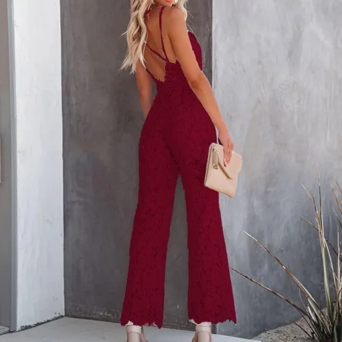 Vista 3 de Hugncmy Women V Neck Strap Sexy Jumpsuit Sleeveless Lace Embroidery Suits Party Club Wear Rompers Womens Jail Jumpsuit