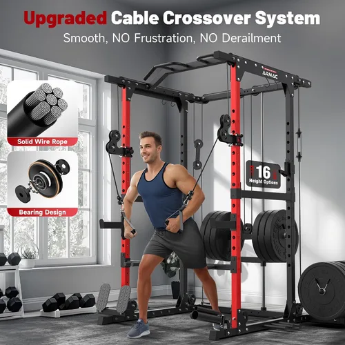 Vista 4 de Sportsroyals Jaula de Potencia, Rack de Potencia Multifuncional de 1600 libras con Sistema de Cruce de Cable Ajustable y Más Accesorios
