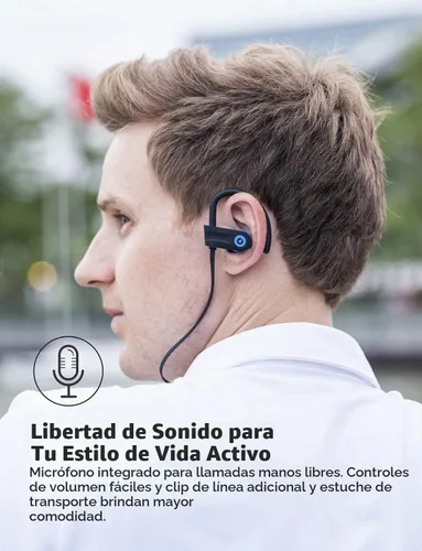 Vista 7 de Auriculares Bluetooth, auriculares deportivos inalámbricos Otium, impermeables IPX7 con micrófono, auriculares intraurales estéreo HD, funda Azul