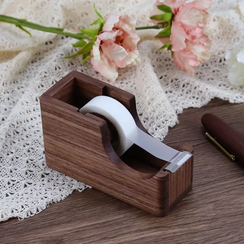 Vista 4 de Buqoo Dispensador de cinta de madera de nogal con soporte para bolígrafo integrado, organizador de escritorio todo en uno para oficina/escuela