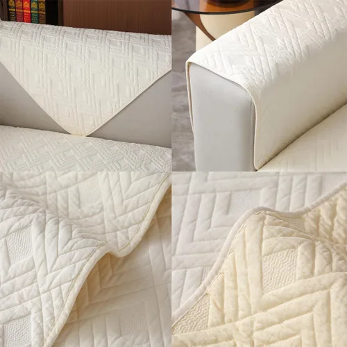 Vista 7 de vctops Funda acolchada geométrica para sofá modular de algodón, funda antideslizante en forma de L para niños y perros, respaldo y apoyabrazos, Beige