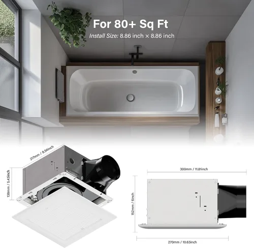 Vista 2 de 80CFM - Extractor de ventilación de baño con rejilla: ventilador de ducha de montaje en techo de 20W, 120V, blanco, clasificado para zonas húmedas