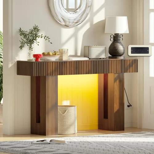 Vista 13 de Mesa de entrada de 60 pulgadas de largo con toma de corriente integrada y luz RGB controlada por aplicación y botón, mesa consola de madera gruesa