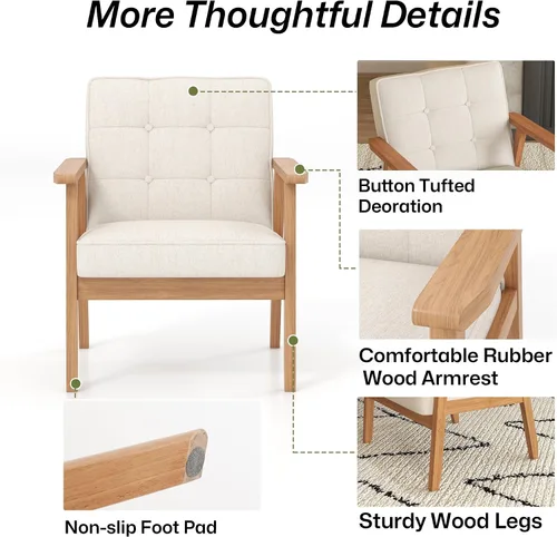 Vista 8 de Silla decorativa moderna con reposabrazos, silla de ocio tapizada de tela de lino con botón de respaldo y marco de madera para sala de estar, Beige