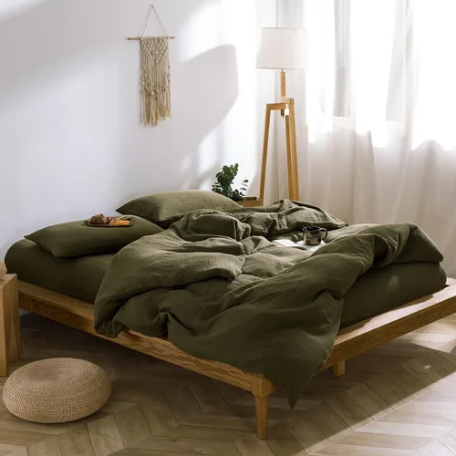Vista 23 de VM VOUGEMARKET - Juego de funda de edredón a cuadros de tamaño individual XL, ropa de cama de color verde, gris y naranja, algodón lavado, con 2