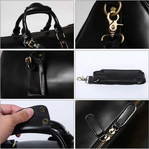 Vista 6 de Leathario Bolsa de viaje de cuero genuino para el fin de semana de la noche para los hombres, equipaje de mano, Negro-S, Pequeña, Vintage