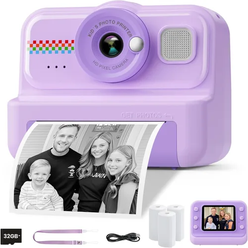 Vista 8 de Cámara de Impresión Instantánea HiMont para Niños, Cámara Digital HD 1080P para Niños con 3 Rollos de Papel de Impresión y Tarjeta de 32GB, Juguetes
