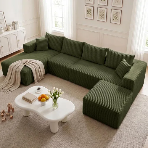 Vista 30 de Sofá modular en forma de L de 118 pulgadas, moderno sofá modular de pana de espuma viscoelástica de 4 plazas con otomana, asiento profundo tapizado