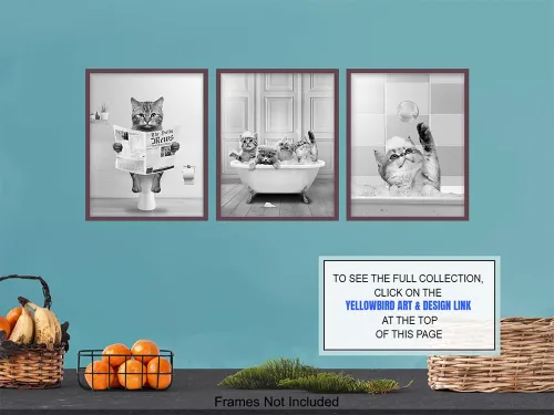 Vista 7 de Arte y decoración de pared de baño de gatos para niños, bonitas imágenes de baño de gatos para mujeres, decoración de baño pequeña, juego de baño