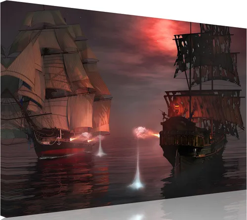 Vista 10 de TutuBeer 3 Piezas Arte de Pared Batalla Naval Barco Imagen Barco Pirata Velero Póster Barco Pirata Azul en Llamas Imagen Impresa en Lienzo Póster
