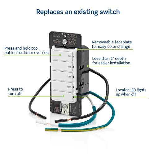 Vista 3 de Leviton Interruptor temporizador de cuenta regresiva para luces domésticas y extractores, 15-30 minutos, 1-2 horas, no requiere cable neutro, un