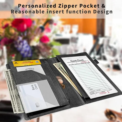 Vista 7 de Server Book,Waitress Book,5x9 Inch Server Books for Waitress & Waiter, Cute PU Leather Serving Book Guest Check Presenters Organizer with Zipper