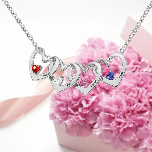 Vista 6 de MissNaNa Collar personalizado para mamá con 1-6 piedras natales y nombres grabados, collar familiar personalizado con nombre de corazón para el día