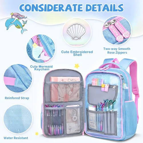 Vista 2 de Mochila para niñas, mochilas escolares de 16 pulgadas para niñas, bonita bolsa de libros para niñas, niños, estudiantes, escuela primaria, Azul