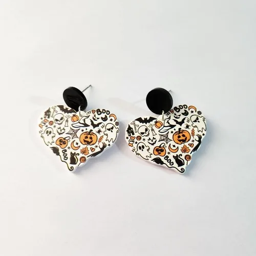 Vista 2 de 3 pares de aretes colgantes retro de Halloween, fantasma, calabaza, hoja de arce, pavo, aretes colgantes de madera, lindos y divertidos, ligeros