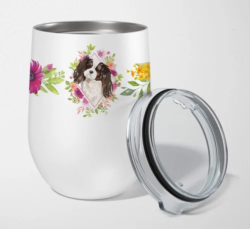 Vista 99 de Caroline's Treasures CK4110TBL12 Afghan Hound Pink Flowers - Vaso de vino aislado de acero inoxidable de 12 onzas con tapa, bonita taza de viaje