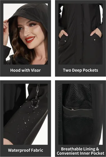 Vista 6 de Fahsyee Chubasquero para mujer, chaqueta impermeable con capucha, rompevientos para exteriores, larga actividad