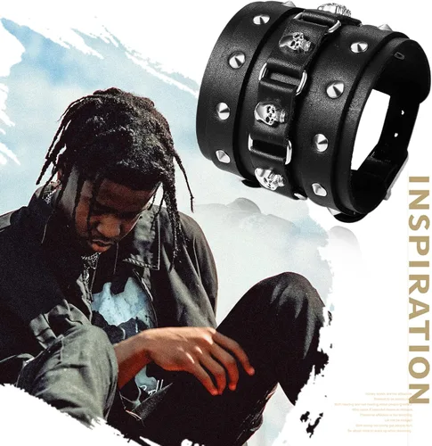 Vista 4 de Aroncent Pulsera de cuero con calavera: pulsera ancha con remache de metal, estilo de bicicleta punk rock, ajustable, pulsera gótica para hombre