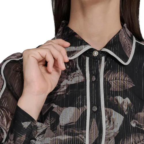 Vista 5 de Karl Lagerfeld Vestido camisero de gasa arrugado estampado de manga larga para mujer