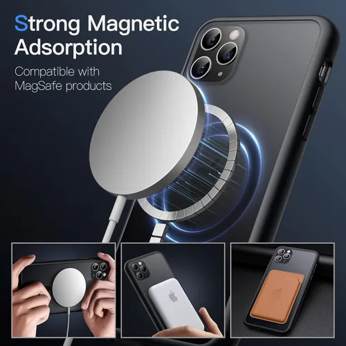 Vista 3 de JETech Funda magnética mate para iPhone 11 Pro Max, color negro Compatible con MagSafe, parte trasera mate translúcida, protección delgada a