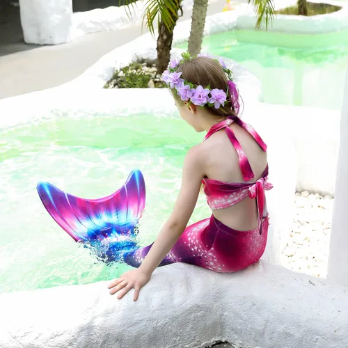 Vista 3 de Conjunto de bikini de cola de sirena nadable arcoíris con monoaleta para niñas y niños, regalo de cosplay