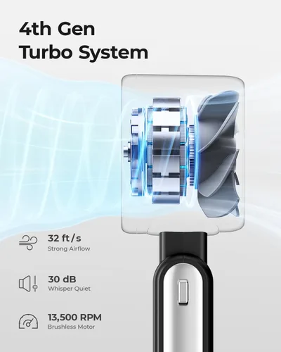 Vista 4 de Ventilador Portátil de Mano Turbo - 5 Velocidades Alta Velocidad 4000mAh Mini Ventilador de Mano Personal Recargable Sopla Aire Frío, Operado por