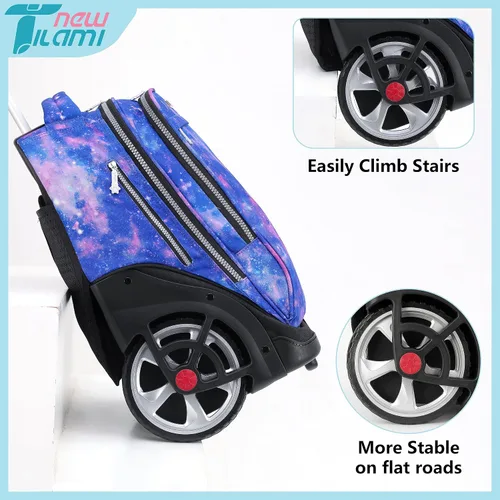 Vista 90 de NEW TILAMI Mochila con ruedas de 19 pulgadas con bolsa de almuerzo para niñas y niños, mochila para laptop con ruedas, bolsa de mano duradera