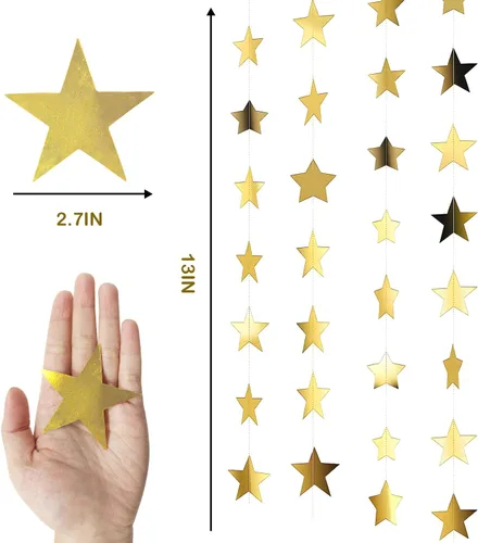 Vista 2 de Guirnalda de estrellas doradas con purpurina de 158 pies, 12 unidades, decoración reflectante de papel de estrella pequeña, decoración colgante