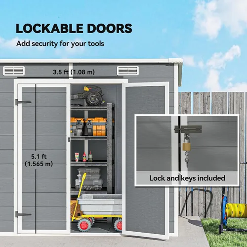 Vista 8 de Outsunny Cobertizo de almacenamiento para exteriores de 8 x 4 pies, cobertizo de plástico de resina impermeable con suelo, ventana, puertas
