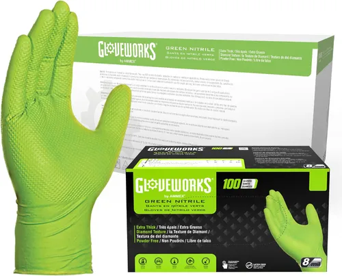 Vista 12 de Gloveworks HD 8 mil Green Nitrile Disposable Industrial Gloves with Raised Diamond Texture - GWGN Box of 100 / Medium