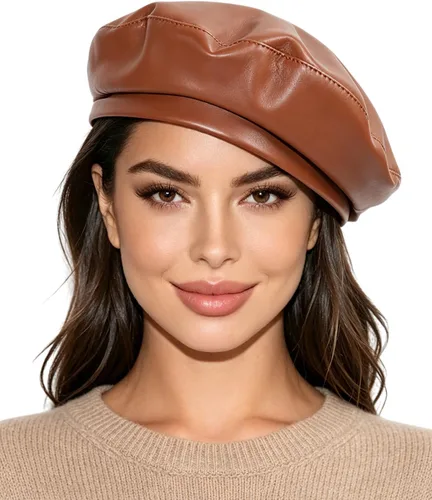 Vista 18 de MINGSEECESS Mujeres PU cuero francés negro boina sombrero Causal Beanie Hat Cinturón-marrón
